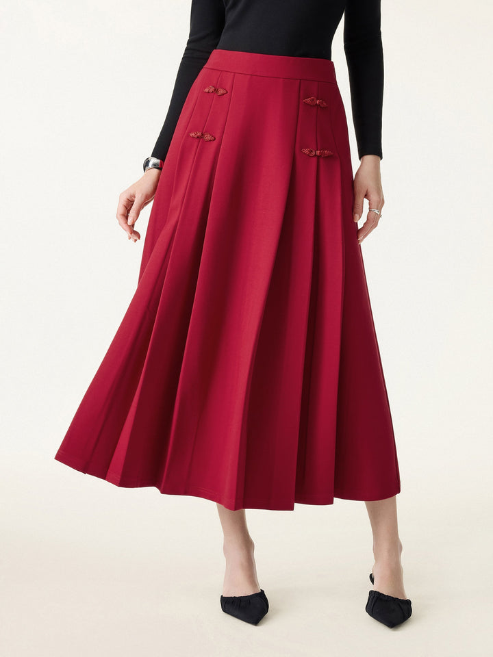 NORELLA | Pleated Midi A-Line Skirt with Frog Button Detail