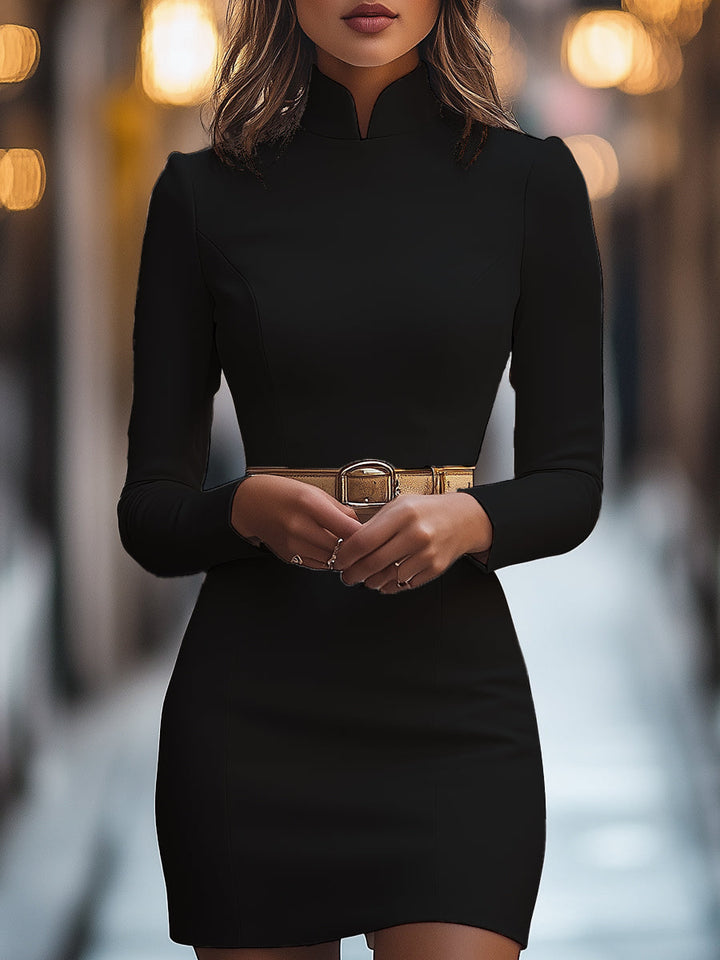 NORELLA | Elegant white dress with stand-up collar and belted design