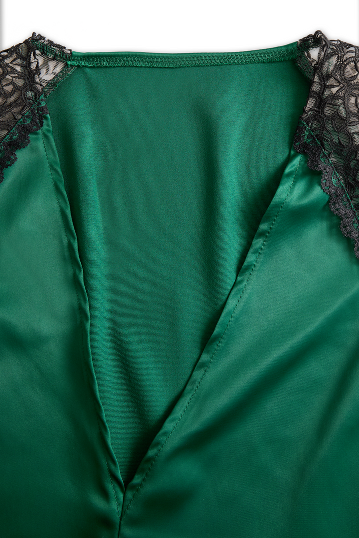 NORELLA | Deep V-Neck Satin Blouse with Lace Details - Emerald Allure