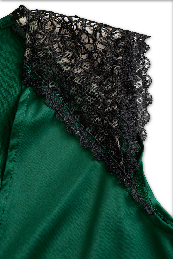NORELLA | Deep V-Neck Satin Blouse with Lace Details - Emerald Allure