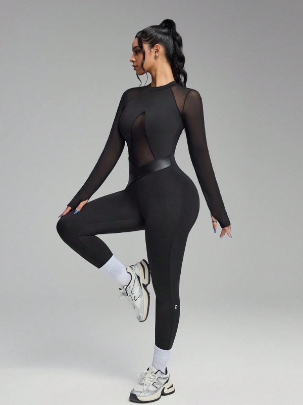NORELLA | Slim-fit Jumpsuit with PU Leather Mesh Panels and Long Sleeves