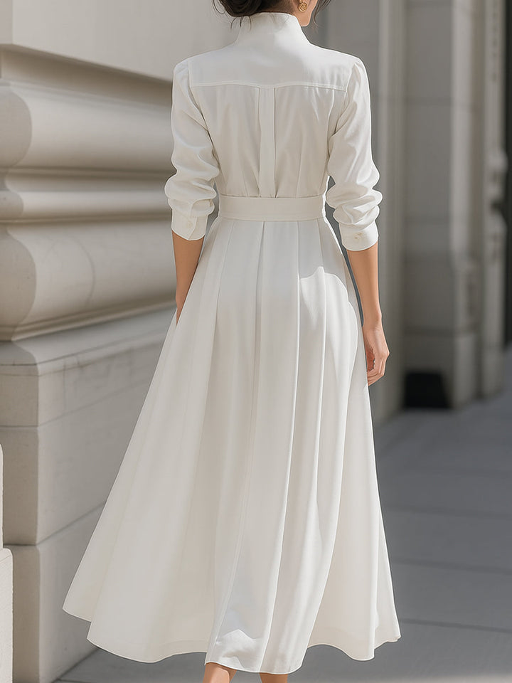 NORELLA | Elegant Plain Belted Shirt Dress With Pleated Skirt