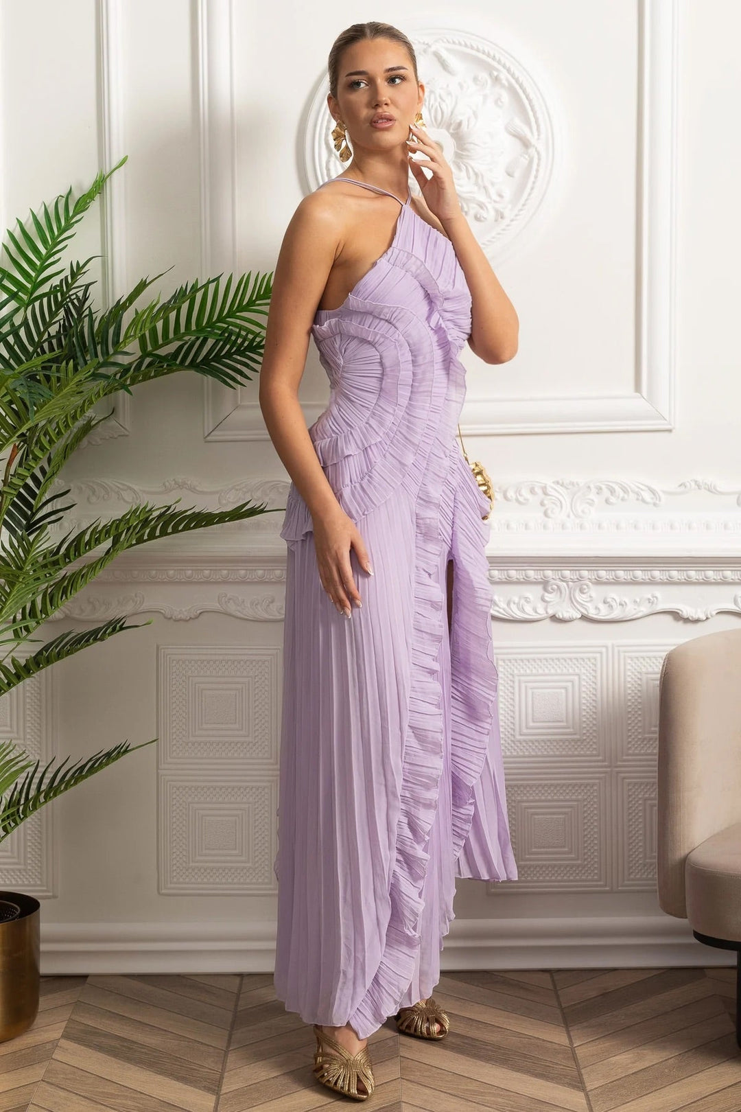 NORELLA | Pleated halter midi dress with cascading ruffle – Lavender