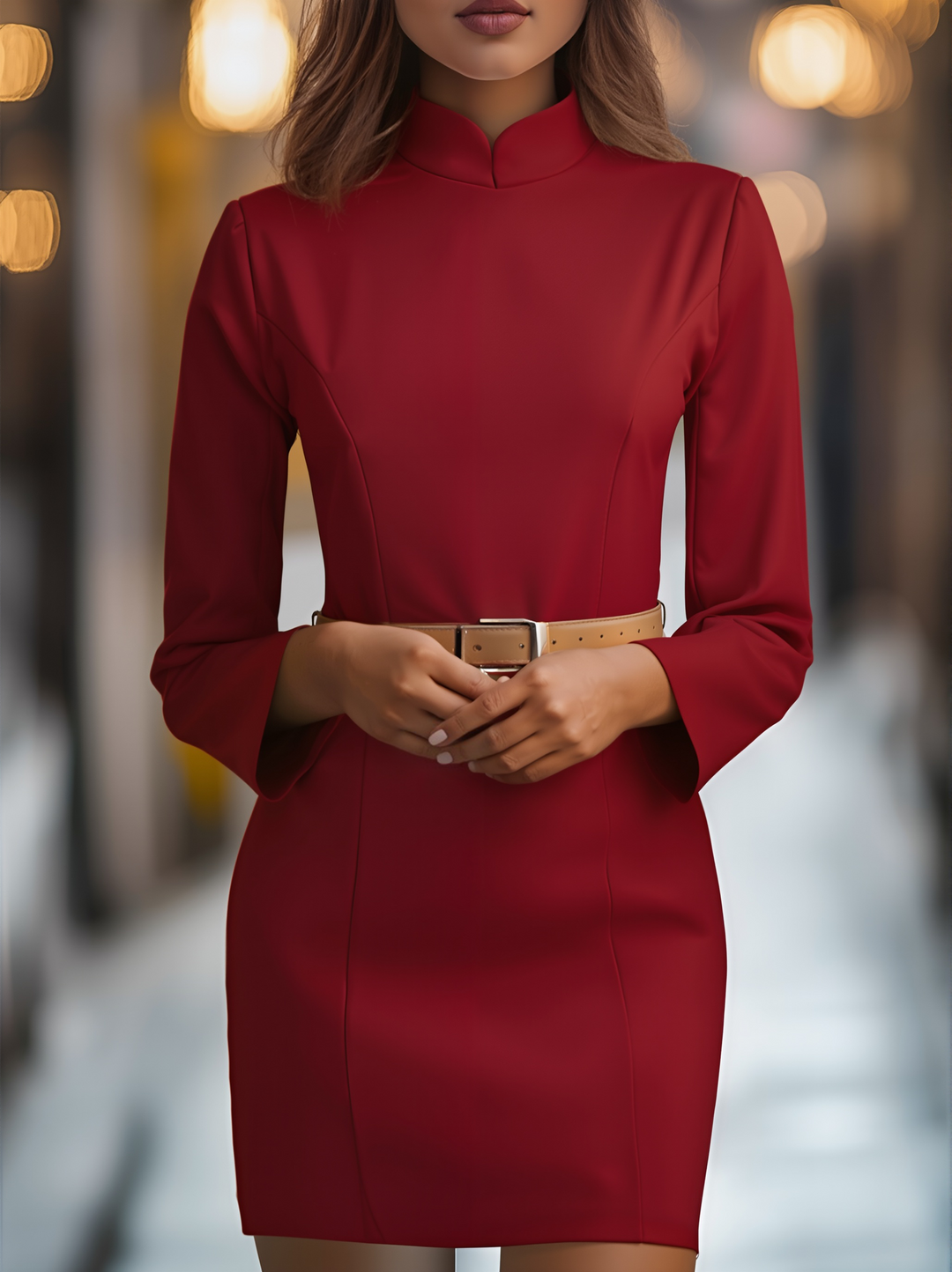 NORELLA | Elegant white dress with stand-up collar and belted design