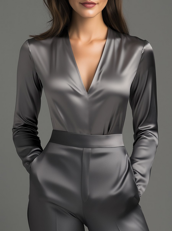 NORELLA | Charcoal Grey Satin Blouse with Subtle Tailored Fit