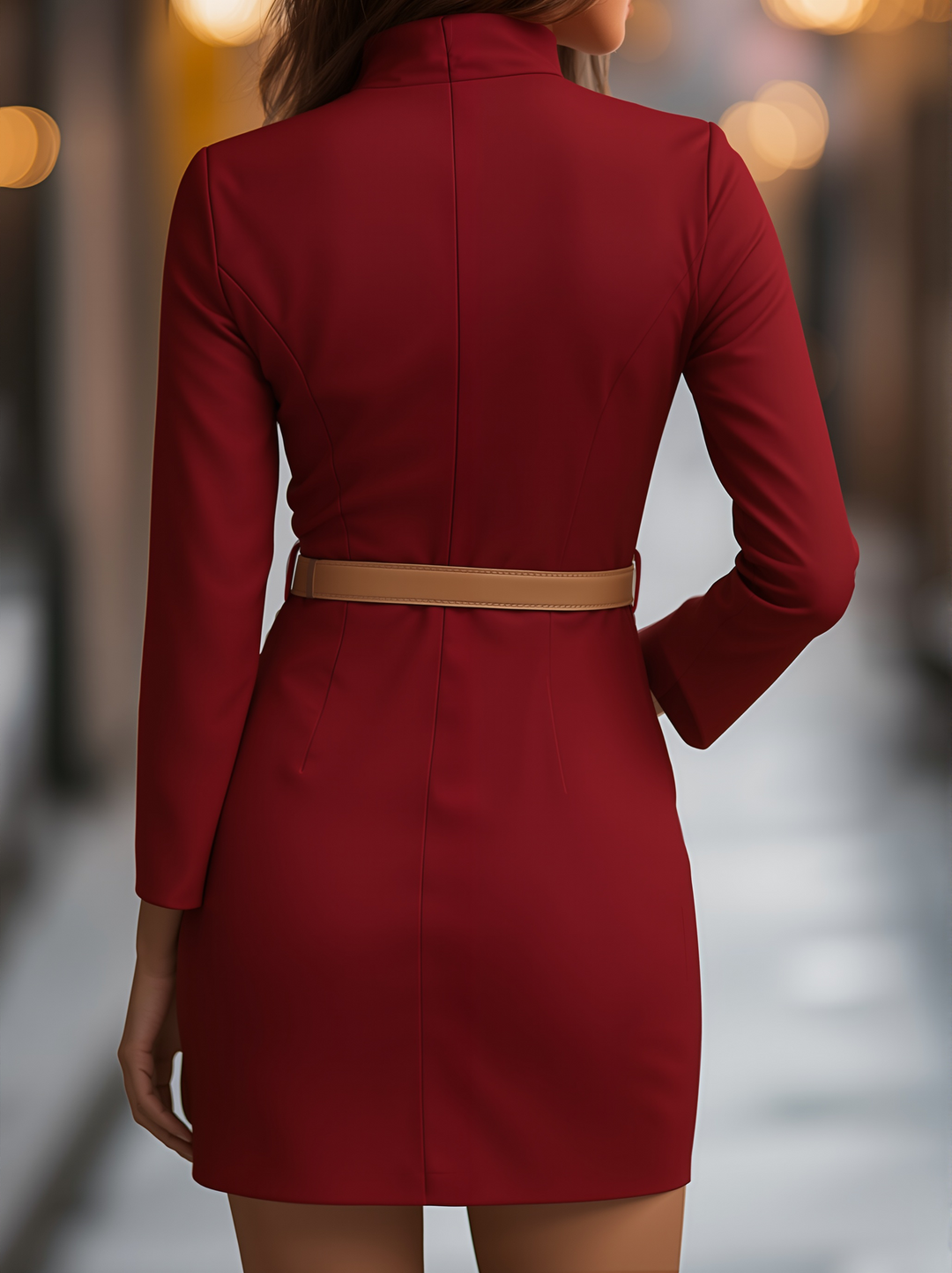 NORELLA | Elegant white dress with stand-up collar and belted design