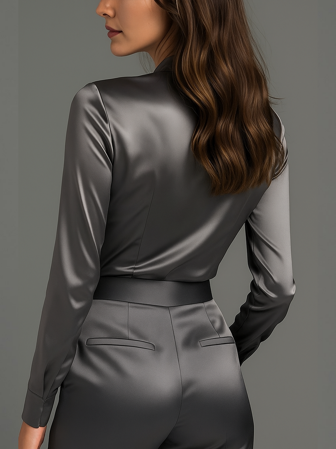 NORELLA | Charcoal Grey Satin Blouse with Subtle Tailored Fit