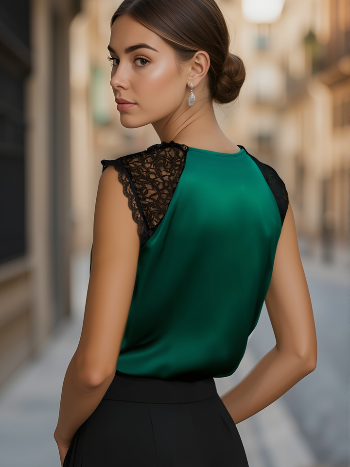 NORELLA | Deep V-Neck Satin Blouse with Lace Details - Emerald Allure