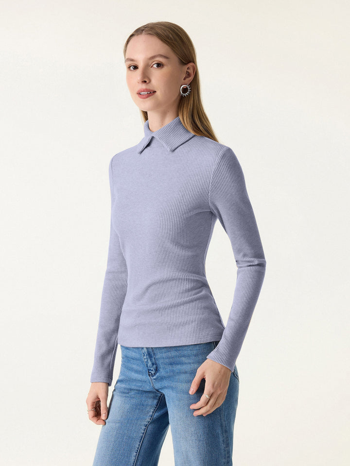 NORELLA | Ribbed Long Sleeve Top with Polo Neck