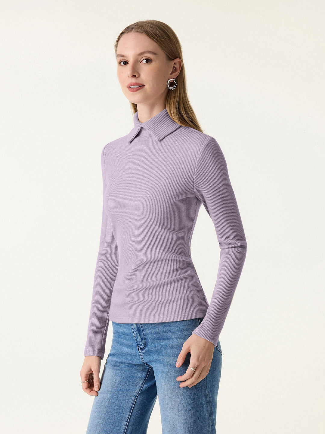 NORELLA | Ribbed Long Sleeve Top with Polo Neck