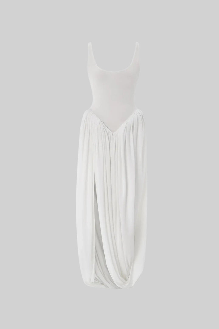 NORELLA | Draped maxi dress with sculptural skirt and side slit – White