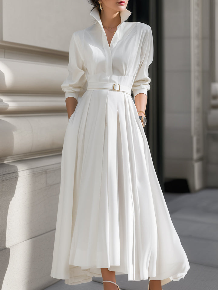 NORELLA | Elegant Plain Belted Shirt Dress With Pleated Skirt