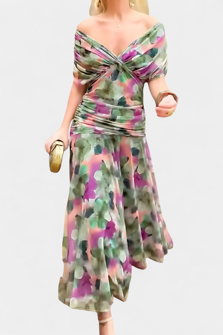 NORELLA | LONG FLORAL V-NECK DRESS