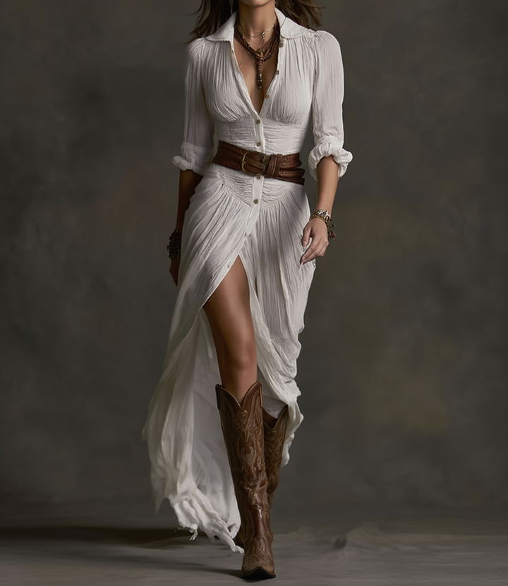 NORELLA | Aurora Long Linen Dress with Inverted Collar