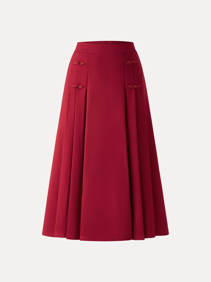 NORELLA | Pleated Midi A-Line Skirt with Frog Button Detail