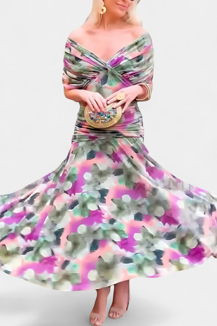 NORELLA | LONG FLORAL V-NECK DRESS