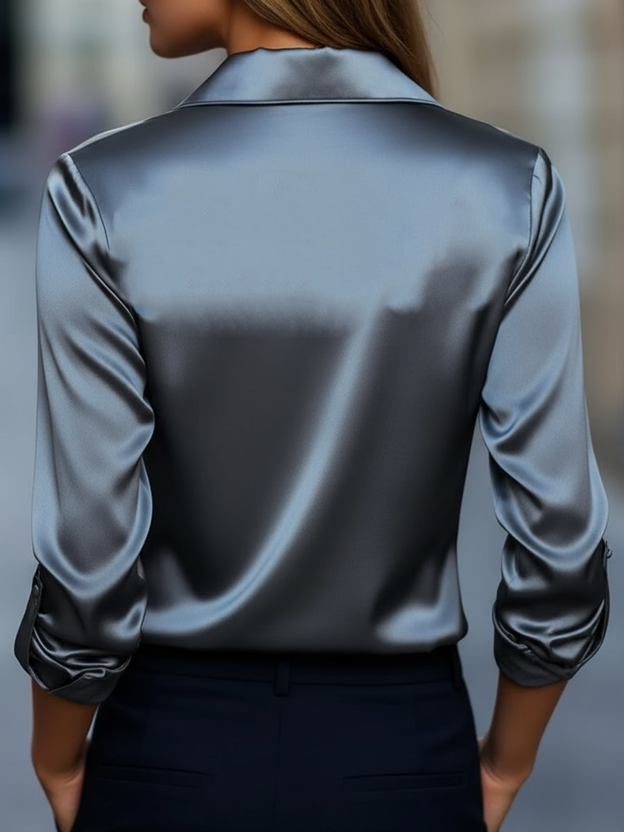 NORELLA | Satin Blouse in Silver with Deep V-Neck