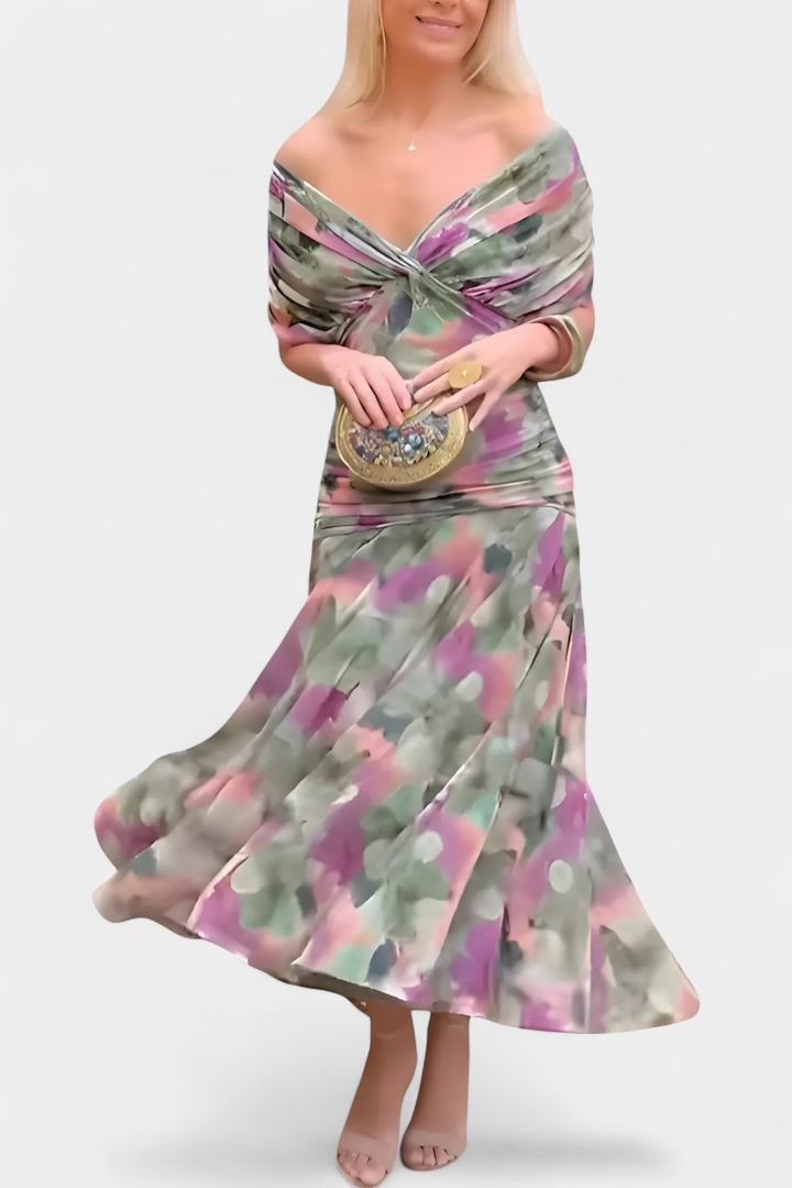 NORELLA | LONG FLORAL V-NECK DRESS