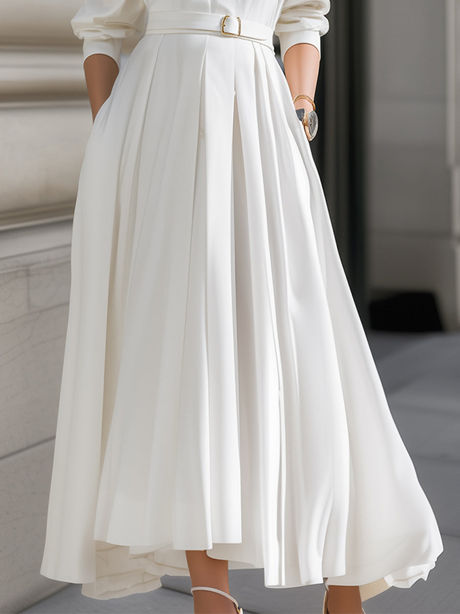 NORELLA | Elegant Plain Belted Shirt Dress With Pleated Skirt