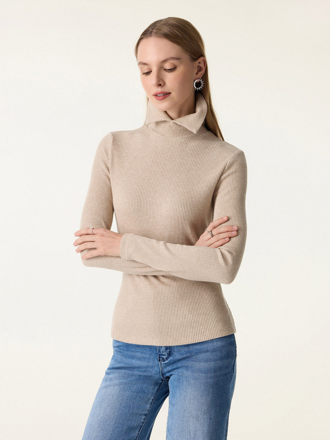 NORELLA | Ribbed Long Sleeve Top with Polo Neck