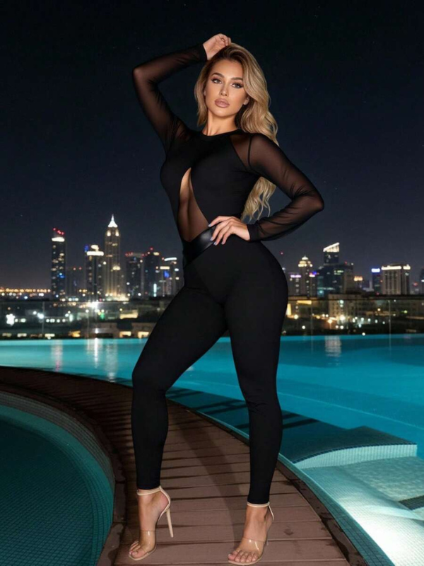 NORELLA | Slim-fit Jumpsuit with PU Leather Mesh Panels and Long Sleeves