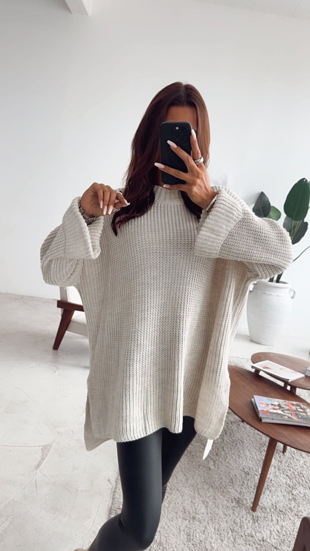 NORELLA | Oversized jumper with high collar and split / beige