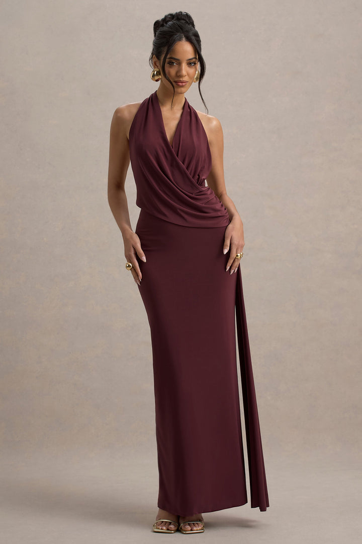 Norella | Burgundy Halter-Neck Draped Maxi Dress With Sash
