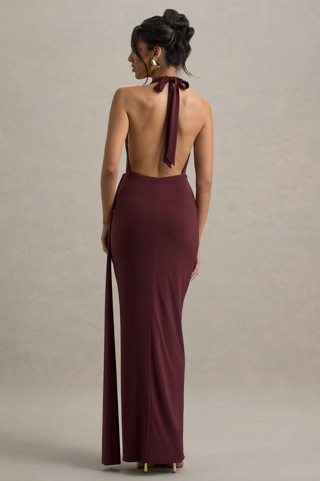 Norella | Burgundy Halter-Neck Draped Maxi Dress With Sash