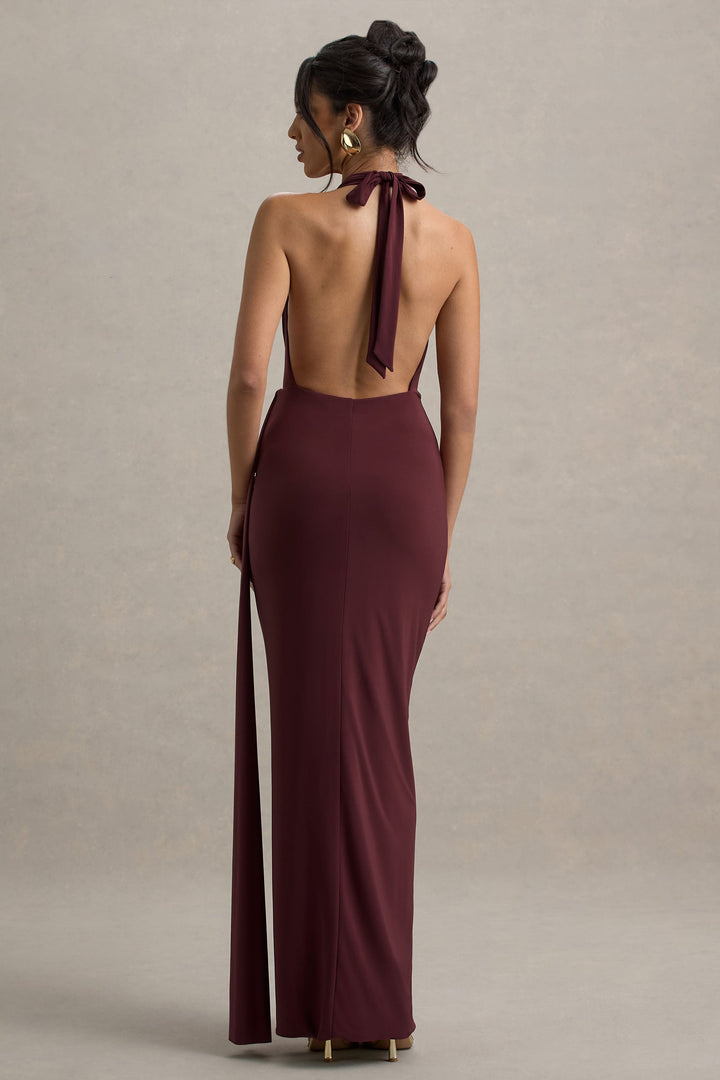 Norella | Burgundy Halter-Neck Draped Maxi Dress With Sash