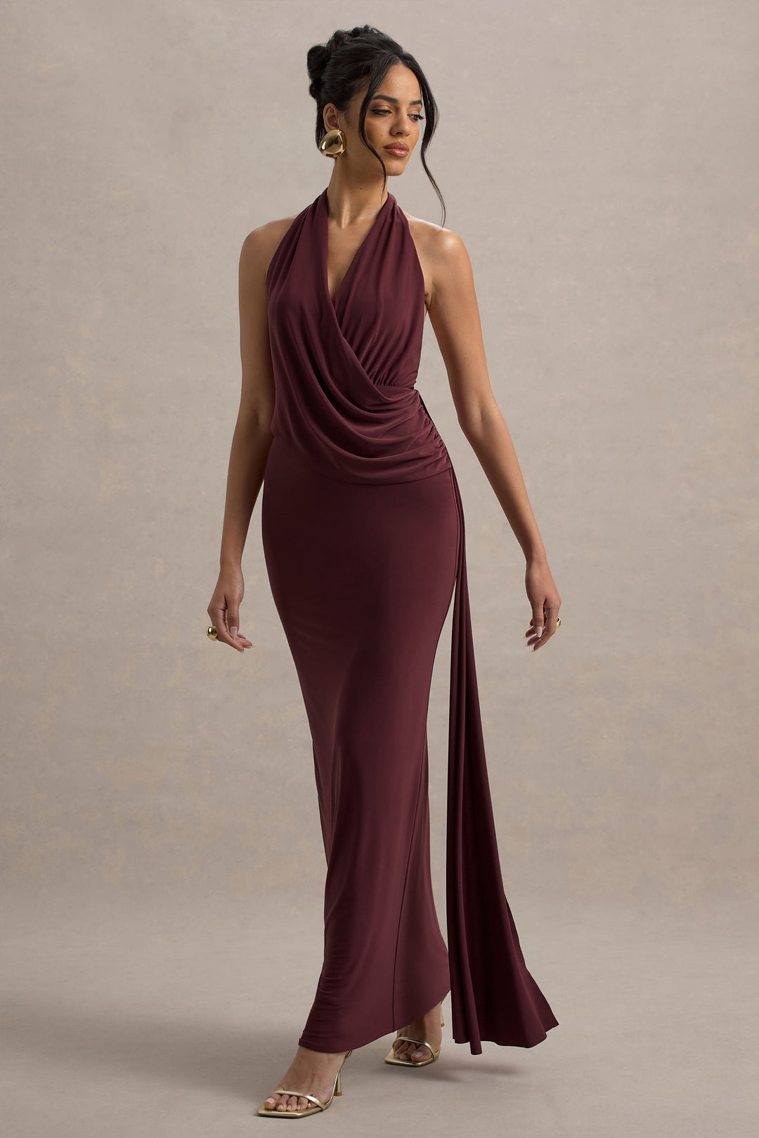 Norella | Burgundy Halter-Neck Draped Maxi Dress With Sash