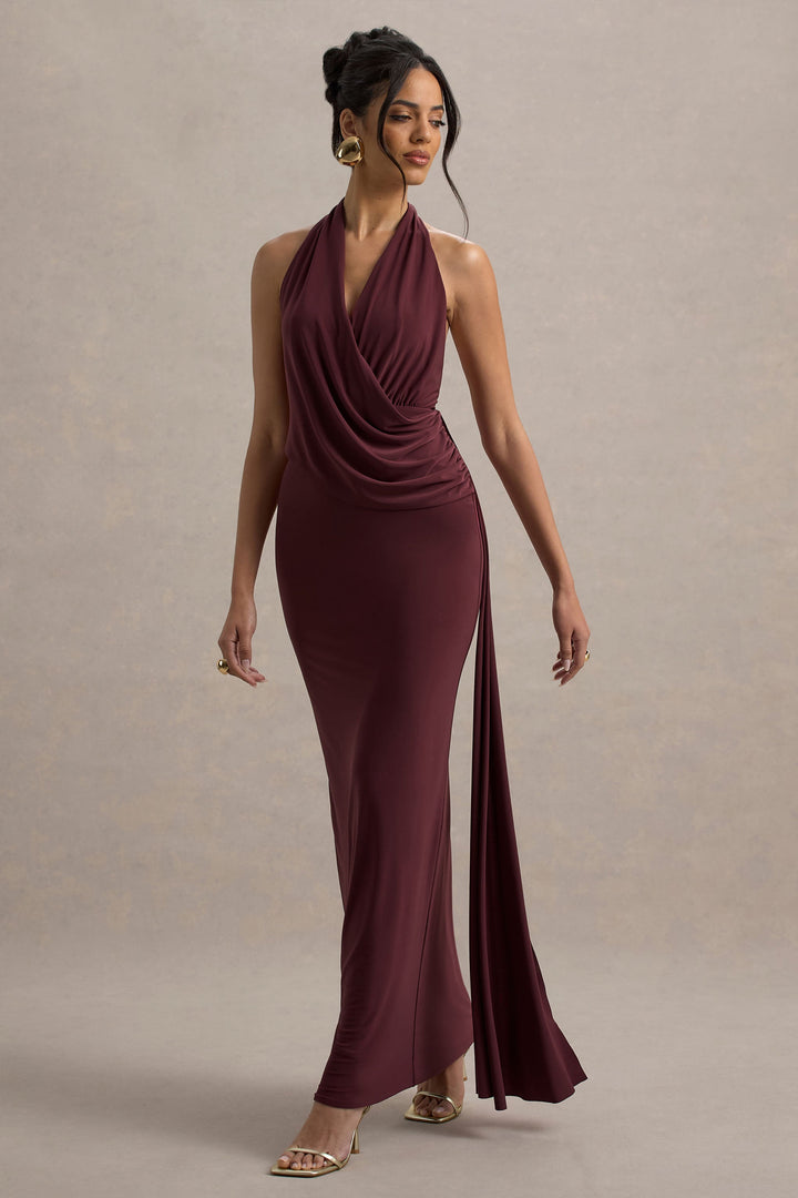 Norella | Burgundy Halter-Neck Draped Maxi Dress With Sash