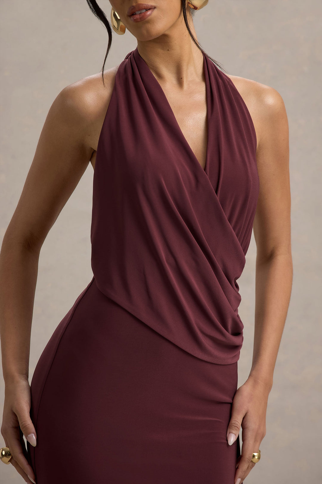 Norella | Burgundy Halter-Neck Draped Maxi Dress With Sash