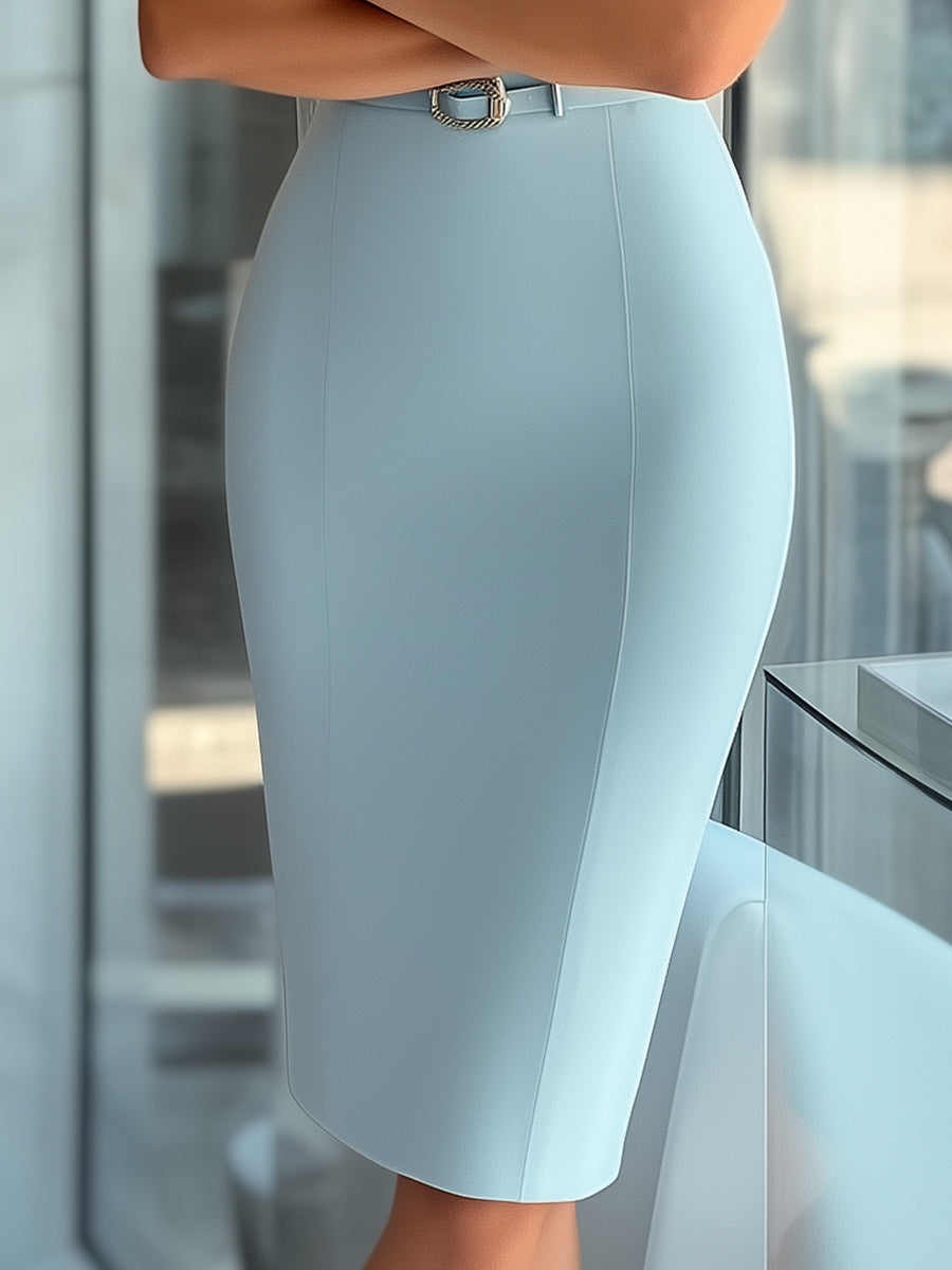 NORELLA | Sleek Sky Blue Asymmetrical Dress with Belt