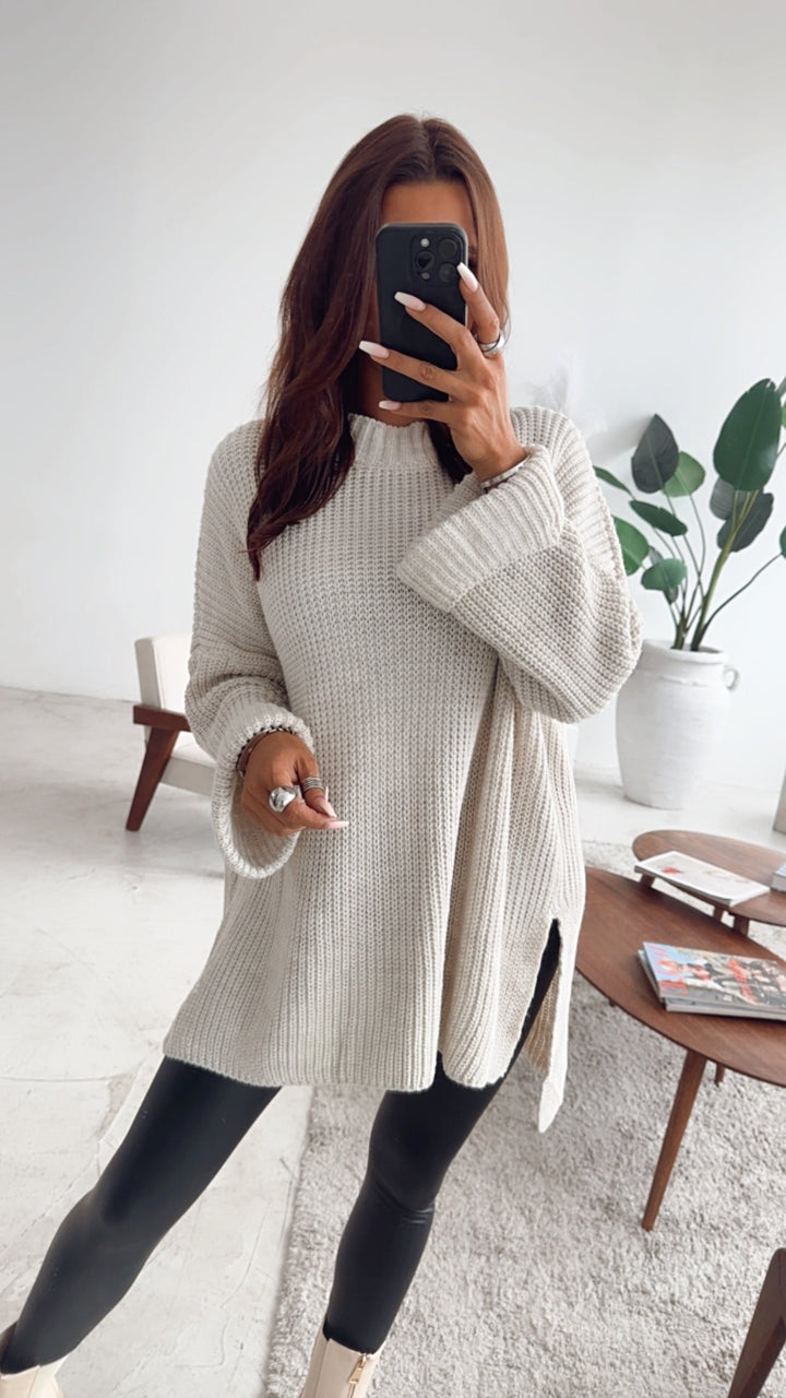 NORELLA | Oversized jumper with high collar and split / beige