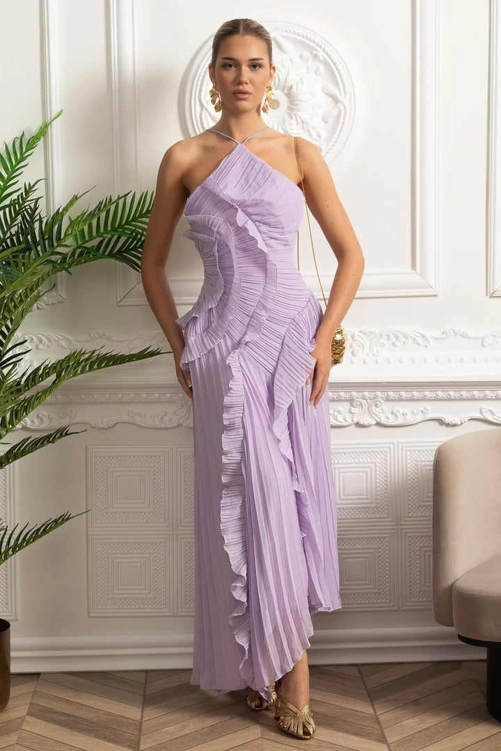 NORELLA | Pleated halter midi dress with cascading ruffle – Lavender