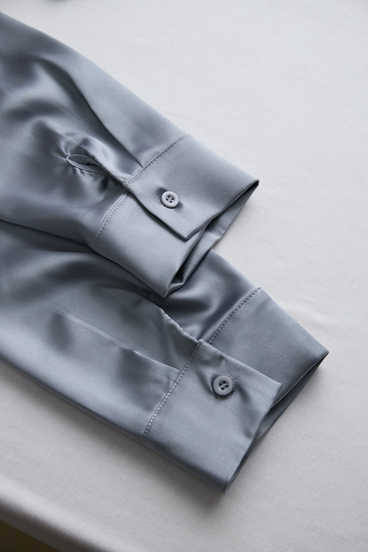 NORELLA | Satin Blouse in Silver with Deep V-Neck