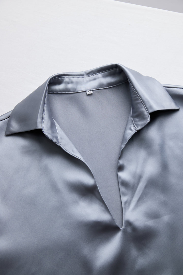 NORELLA | Satin Blouse in Silver with Deep V-Neck