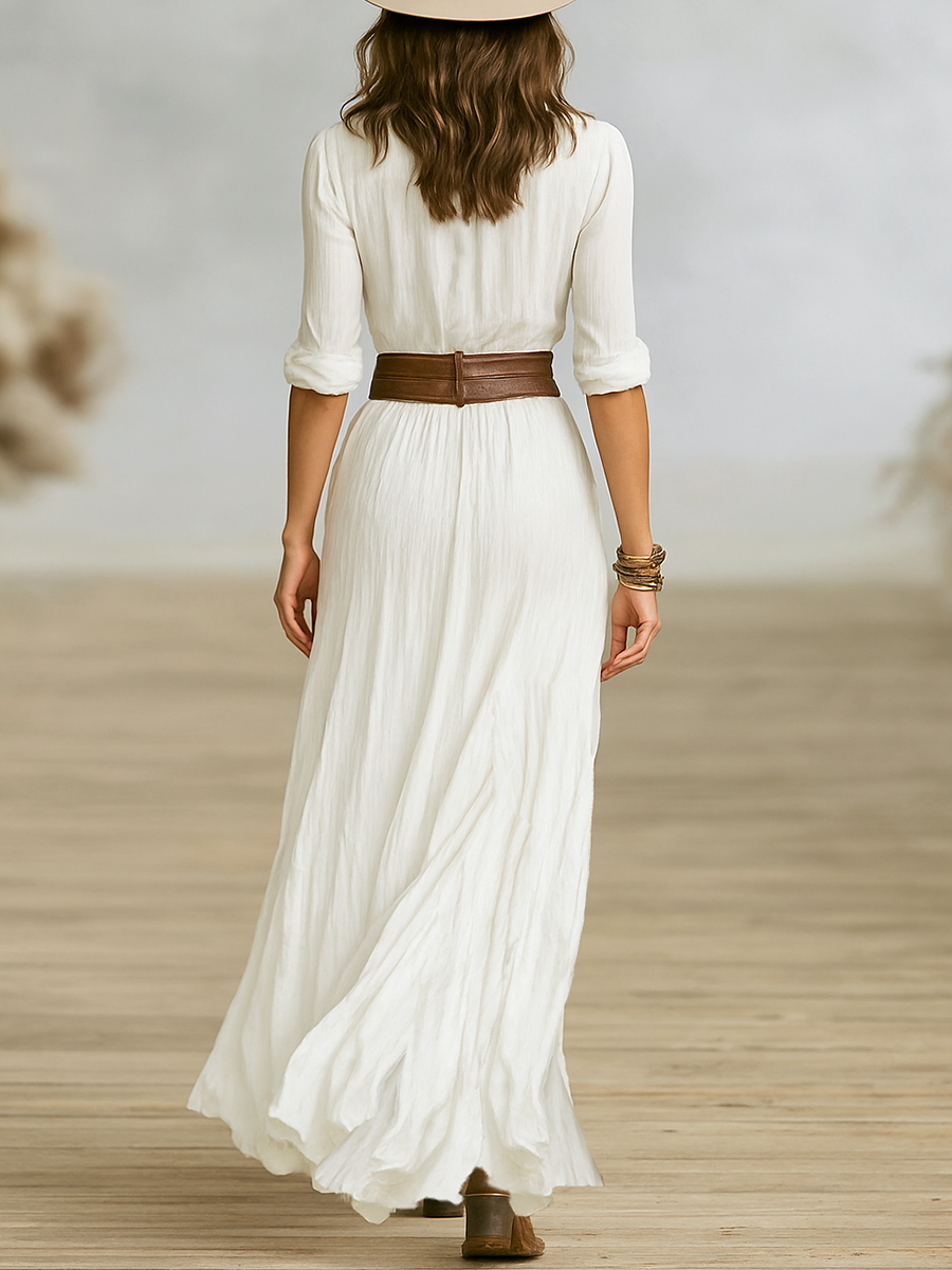 NORELLA | Aurora Long Linen Dress with Inverted Collar