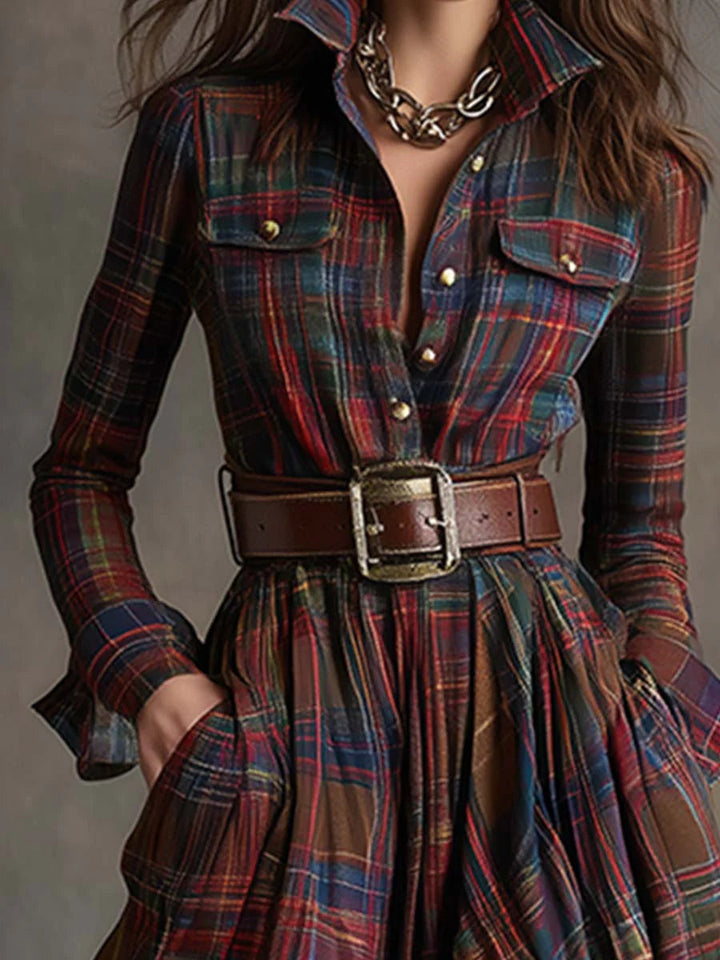 NORELLA | Beatriz Long Checked Dress with Belt