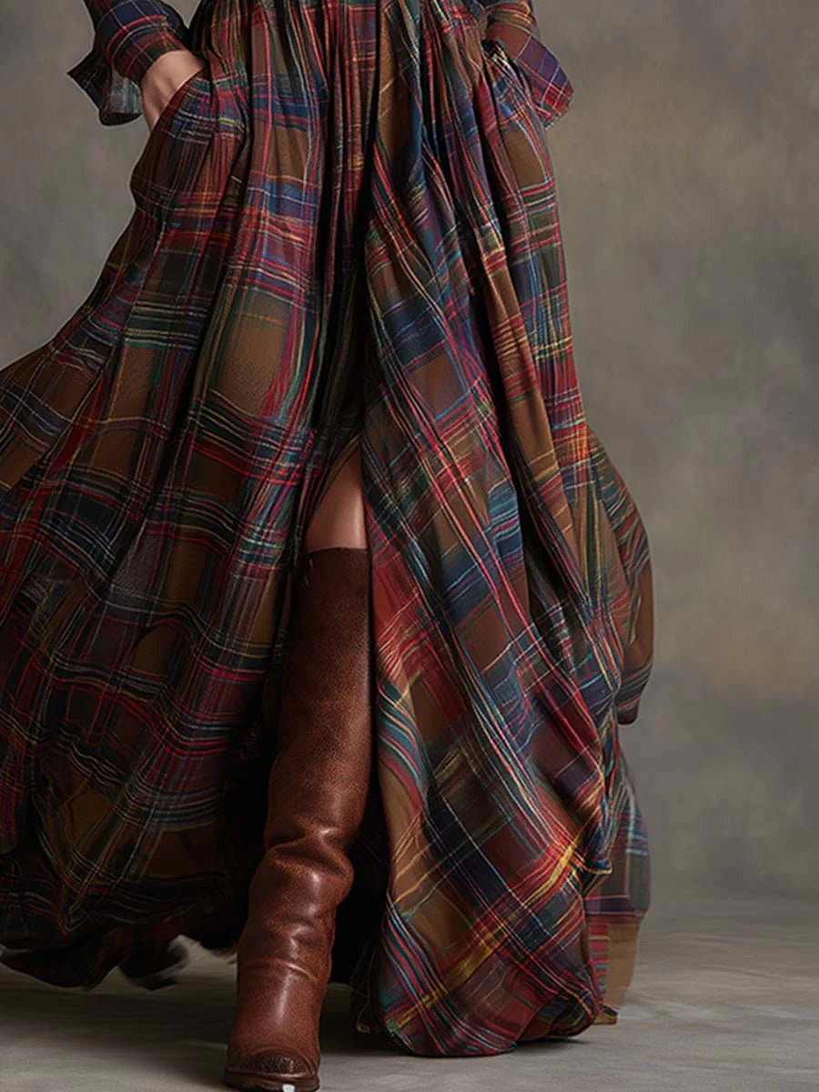 NORELLA | Beatriz Long Checked Dress with Belt