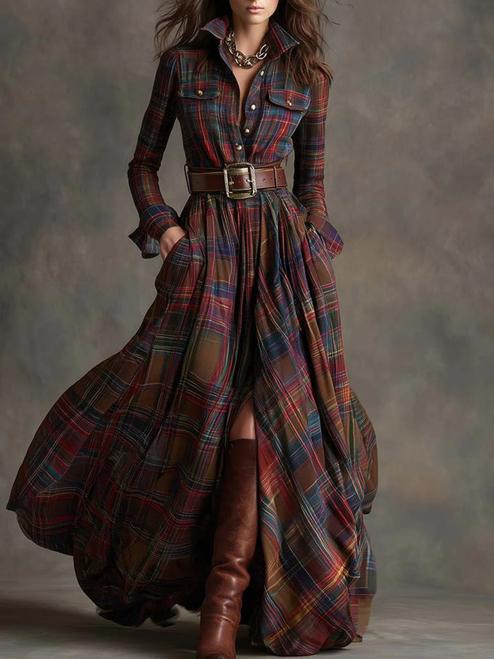 NORELLA | Beatriz Long Checked Dress with Belt