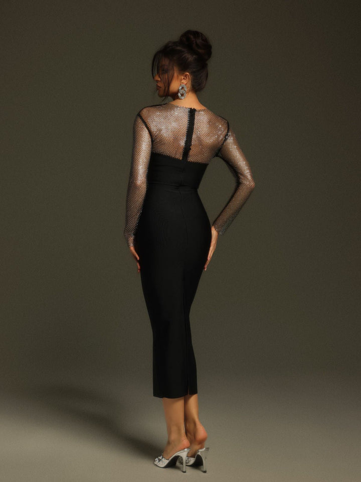 NORELLA | Long-sleeved bandage midi dress with crystal details
