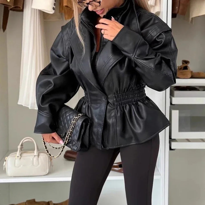 NORELLA | Empire-Line Jacket in Premium Faux Leather with Accentuated Waist and Central Button