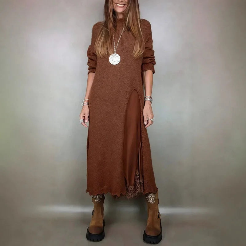 NORELLA | Set with Long Satin Dress and Fine Knitted Jumper