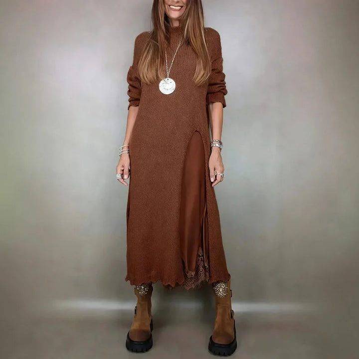 NORELLA | Set with Long Satin Dress and Fine Knitted Jumper