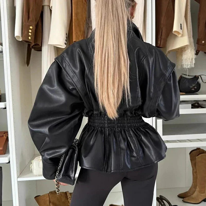 NORELLA | Empire-Line Jacket in Premium Faux Leather with Accentuated Waist and Central Button