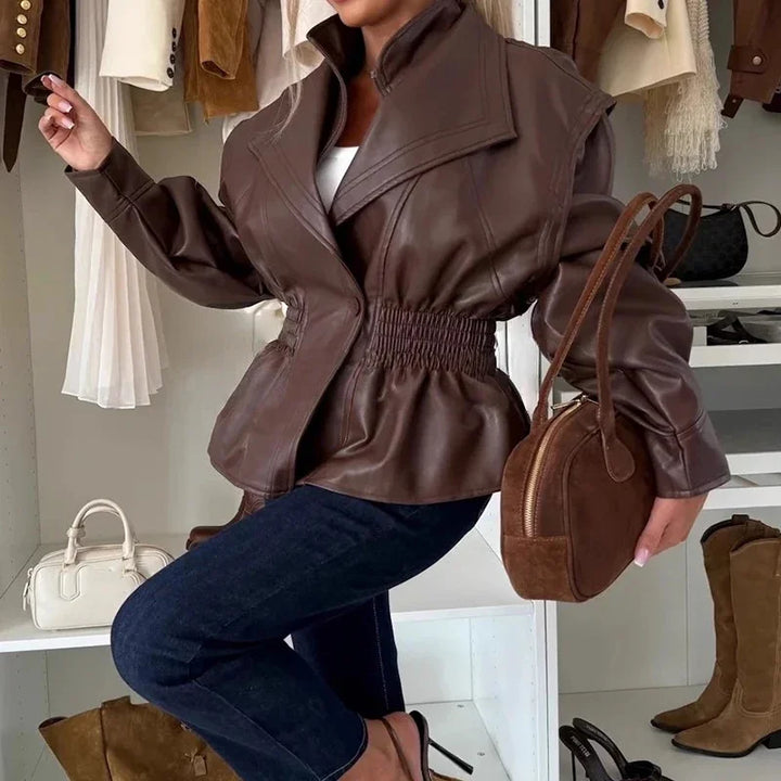 NORELLA | Empire-Line Jacket in Premium Faux Leather with Accentuated Waist and Central Button