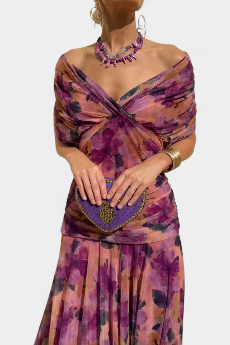 NORELLA | LONG FLORAL V-NECK DRESS