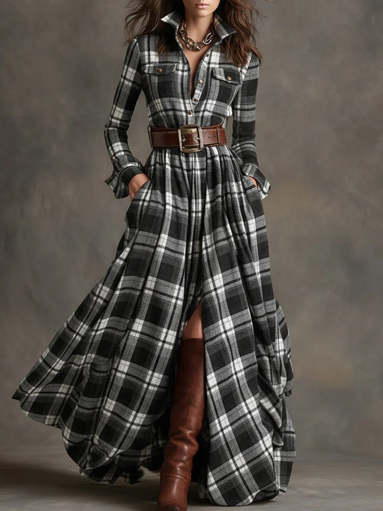 NORELLA | Fiona Long Checked Dress with Belt