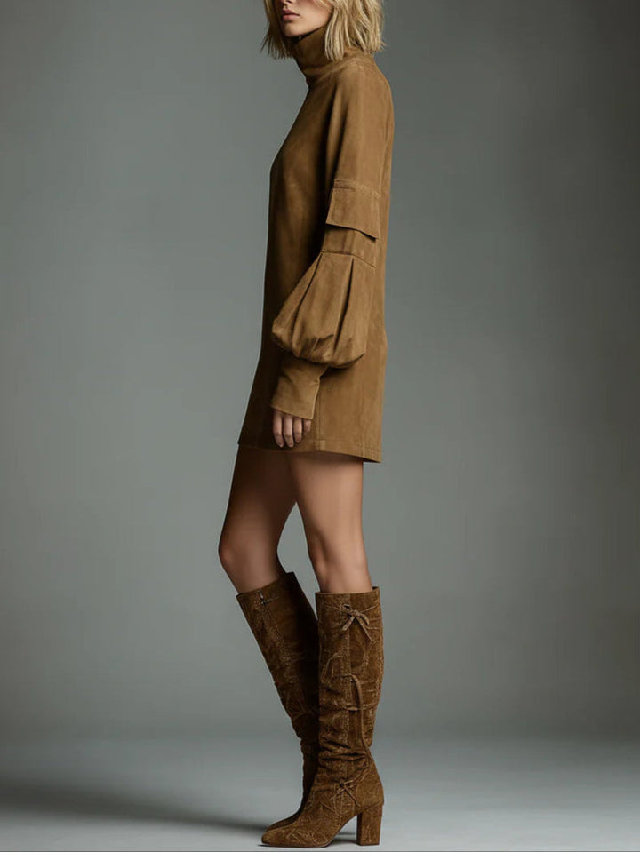 NORELLA | Beli Loose Suede Mini Dress with High Neck